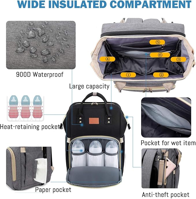 Diaper Bag Backpack with Changing Station, Nappy Baby Bags with Portable Changing Pad, 900D Waterproof Multi-Function Travel Portable Mommy Bag, Black