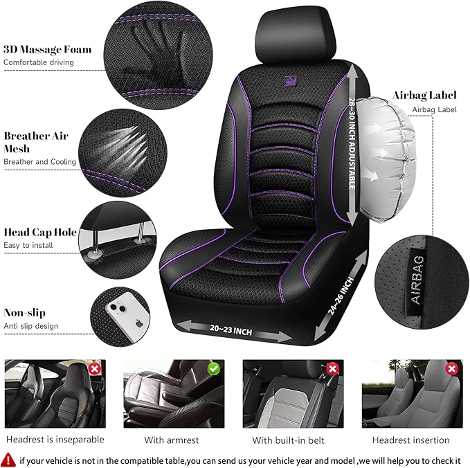CAR PASS Comfortable 3D Foam Mesh Leather Car Seat Covers Full Sets, Air Cool Mesh Breathable Seat Covers for Car, Universal 5 Seats Fit for SUV Truck Sedan Automotive, Airbag Compatible,Black Purple