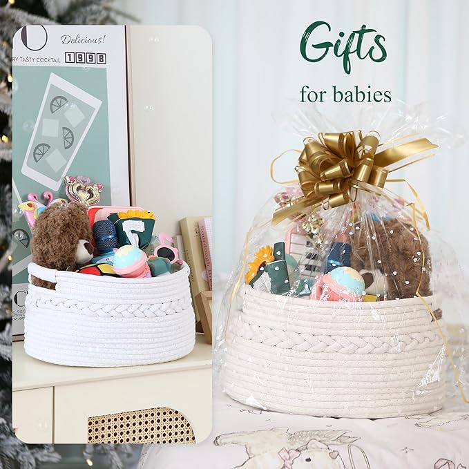 Sea Team Woven Cotton Rope Gift Basket with Gift Bags & Ribbons, Optional Stuffed Bear & Sunflower, Baby Shower Present, Pet Gift or Nursery Storage Bin, 13.4 x 9.1 x 7.1 Inches, White