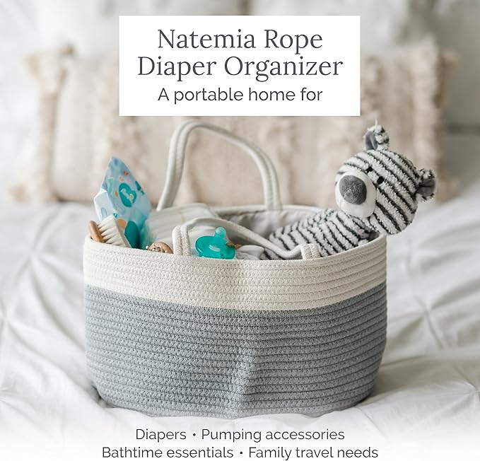 Natemia Diaper Caddy Organizer - Large, Lily Pad - Portable Rope Handles For Car Organizer - Three Compartments for Storage - Versatile Gift Bag For Baby Shower & Registry