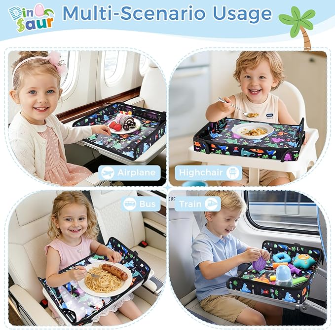 COOLBEBE Airplane Tray Table Cover, Foldable Travel Tray Cover for Toddlers 1-3, Universal Fit for Airplane, Car Seat, High Chair, Machine Washable, Portable, Black Dinosaur