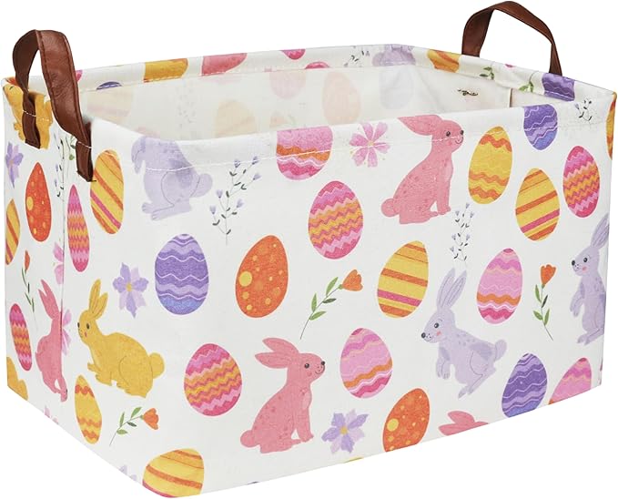 Sanjiaofen Rectangular Easter Baskets, Kids Easter Basket Organizer.Cute Storage Basket with Handles.Boys and Girls,Easter Bunny Eggs Decor,Toys,Books,Easter Gifts (Rabbit Easter Eggs ) …