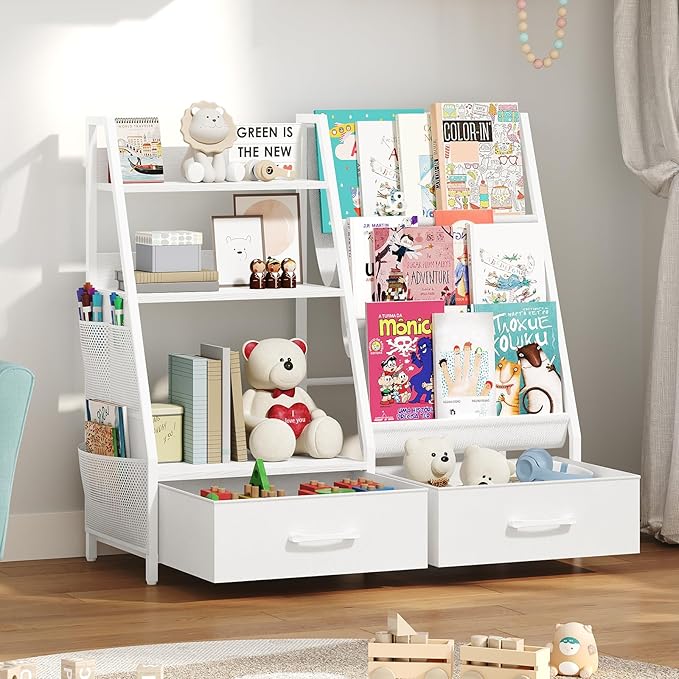 MAHANCRIS Kids Bookshelf and Toy Storage,3-Tier Sling Bookcase for Kids,Sturdy Toddler Bookshelf for Nursery,Playroom, Bedroom,White KBWT8401