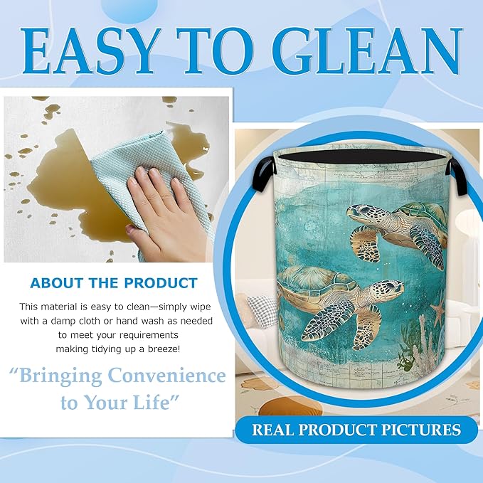 Sea Turtle Laundry Basket Collapsible Laundry Hamper Clothes Toy Storage Bin for Bathroom Bedroom Room Decor 16" X 20.8"
