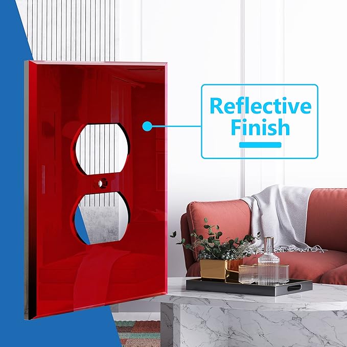 LIDER Duplex Receptacle Wall Plate, Mirrored Outlet Cover for Duplex Outlet, Plexiglass Outlet Cover, Reflective Finish, Acrylic Glass, Modern Upgrade, Oversized 1-Gang 5.25" x 3.44", Red