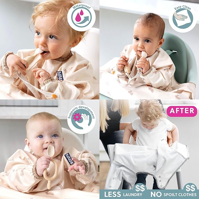 BIBaDO - Long Sleeve Baby Bibs - Babies & Toddlers 6-36 Months - Coverall Baby Led Weaning Bib - Easy Wipe, Soft & Waterproof