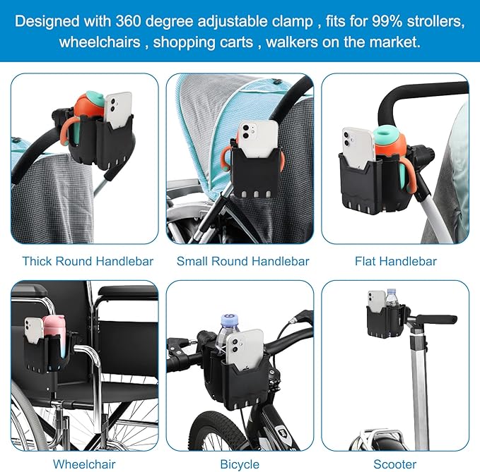 Accmor Stroller Cup Holder with Phone Holder, Universal Cup Holder, 2-in-1 Cup Phone Holder for Stroller, Bike, Walker, Wheelchair