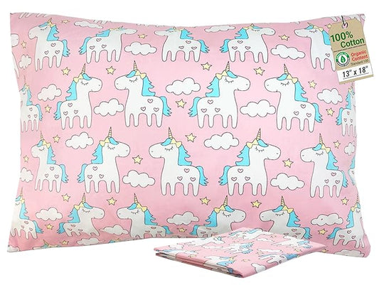 ZPECC Toddler Pillow with Pillowcase - 13x18 Organic Cotton Hypoallergenic Kids Pillow, Baby Essentials for Travel Crib Daycare Stroller (Intended for Age 2 and up) Pink Unicorn