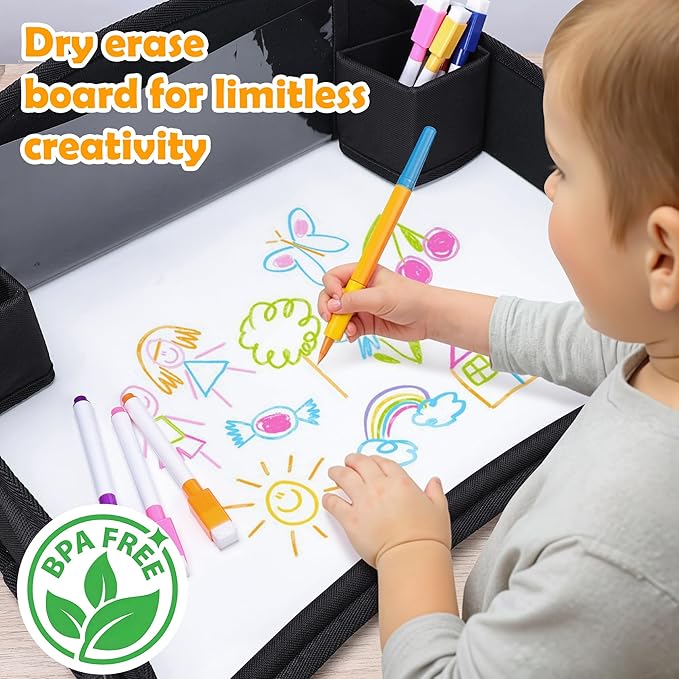 Kids Travel Tray for Toddler Carseat, Road Trip Activities Essentials for Toddler, Kids Lap Desk Tray with Tablet Holder Stand ＆ Dry Erase Board (Black)