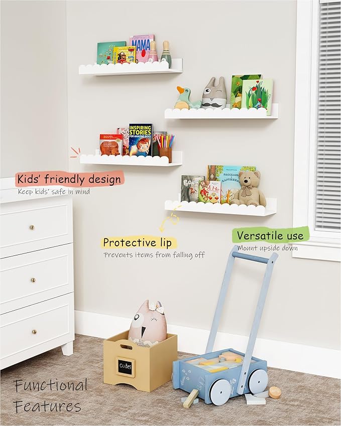 Scalloped Nursery Floating Shelves for Wall Set of 4, White Kids Book Shelves Wall Mounted, Cloud Hanging Bookshelf for Baby Toddler Child Girls Boys Room Bathroom Bedroom Toys (Pine Wood)