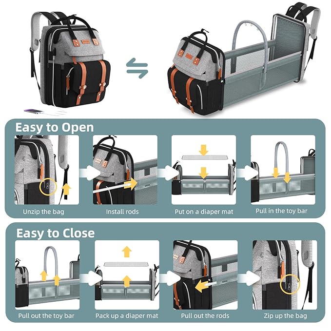 ISMGN Diaper Bag Backpack with Changing Station, Large Diaper Bag, Baby Bag, Multifunctional Diaper Bag, GreyBlack