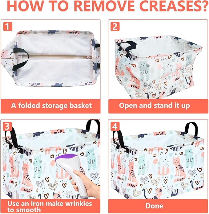 KUNRO Rectangle Cat Pattern Storage Basket Gift Shelf Basket Storage Bin, Nursery Basket Organizer Box for With Handles for Room Deco