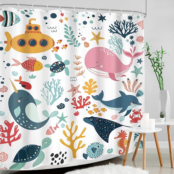 Kids Shower Curtain Ocean Cute Cartoon Whale Funny Kid Bathroom Set Underwater Coastal Submarine Fish Animal Nursery Baby Boys Girls Children 72Wx72H Bath Curtain Fabric Polyester 12 Pack Hooks