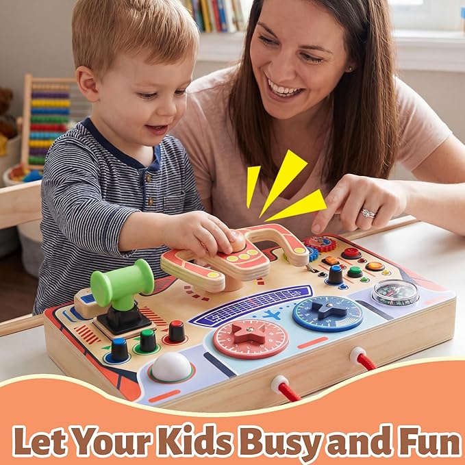 Teekdeer Montessori Busy Board for Toddlers 2-4,Wooden Sensory Steering Wheel Toys with LED Light Switch,Travel Toy Educational Fidget Activity Board for Boys and Girls Gift