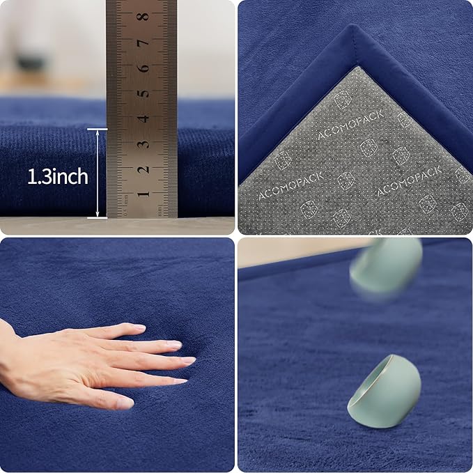 ACOMOPACK Baby Play Mat for Floor 1.3" Thick Memory Foam Play Mat 59"×71" Tummy Time Crawling with Non-slip Bottom for Living Room,Nursery,Soft Velvet Playpen Mats for Kids,Infants（Royal Blue）
