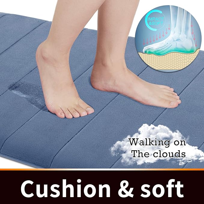 Yimobra Memory Foam Bath Mat, Super Soft Absorbent Bathroom Rug Non Slip, Quick Dry, Machine Washable Floor Carpet for Tub Shower, Home Decor Accessories, 24x17, Denim Blue
