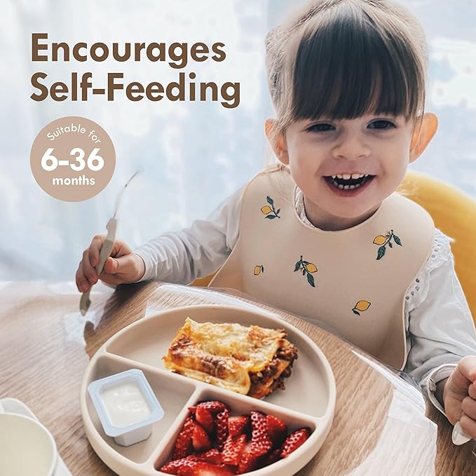 Moonkie Suction Plates for Baby | 100% Silicone BPA-Free Baby Plates with Lids and Food Cover | Divided Design | Microwave and Dishwasher Safe | Toddler Plates 3 Pack