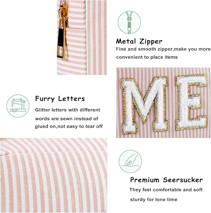 uekeboag Seersucker Chenille Letter Stuff Meds RX Makeup Bag, Travel Washable Purse Organizer with Zipper, Lightweight Toiletry Cute Personalized Preppy Cosmetic Bag For Women and Girls(02Pink Stuff)