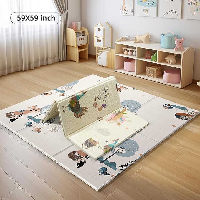 UANLAUO Foam Play Mat for Baby - Foldable Play Mats for Floor 59" x 59" Thick Foam Mats for Kids Reversible Educational Crawling Mat for Infants 6-12 Months & Toddlers, Easy Clean Playmat