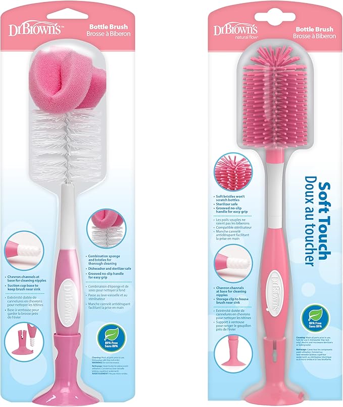 Dr. Brown's Reusable Sponge Baby Bottle Cleaning Brush + Soft Touch Bottle Brush, BPA-Free, Pink, 2-Pack