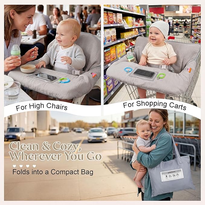 Muslin Shopping Cart Cover for Baby Soft & Breathable High Chair Covers for Restaurant Seat Grocery Cart Cover with Storage Pocket Machine Washable for Infant Toddler Boy Girl, Summer Wheat