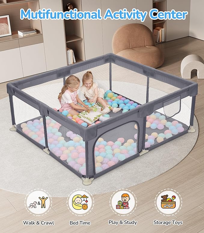 Dripex Baby Playpen, 47"×47" Play Pens for Babies and Toddlers, Safe Anti-Fall Play Yard with Gates, Baby Fence with Breathable Mesh, Indoor & Outdoor Kids Activity Center, Grey