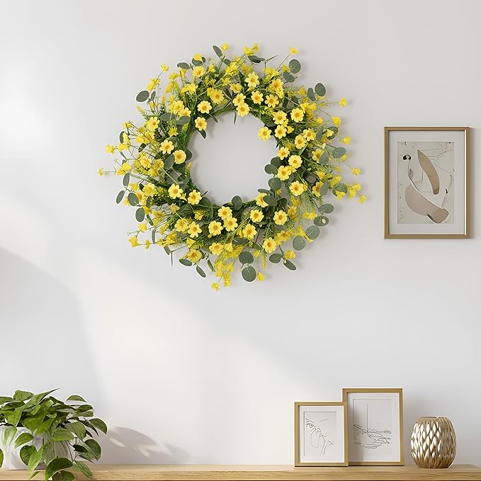 Pinkpum 22" Daisy Eucalyptus Wreath for Front Door, Artificial Spring Summer Floral Wreath for Front Door, Home Farmhouse Wedding Wall Window Decor