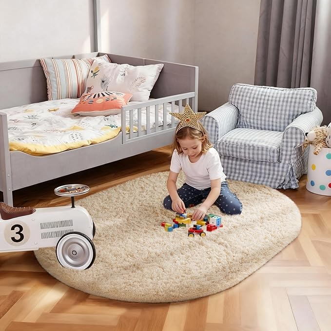 Ophanie 3x5 Beige Oval Rugs for Bedroom Living Room, Small Fluffy Fuzzy Carpet, Plush Soft Shaggy Bedside Indoor Floor Area Rug for Kids Girls Boys Baby Teen Dorm College Nursery Home Decor Aesthetic
