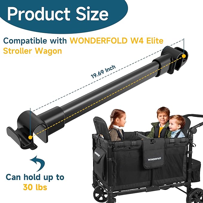 Forward-Facing Support Bar + 4-Pack Stroller Wagon Snack Tray with Spill-Proof Cup Holders - Wonderfold Accessories Compatible with WONDERFOLD W4 Elite/Luxe 4-Seater Wagons, Detachable & Easy Install