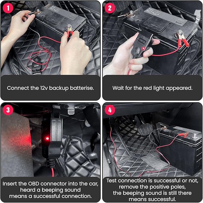 OBD II Car Memory Saver Cable with 2 Alligator Clips, 12V Vehicle ECU Emergency Power Supply Cable Battery Connector