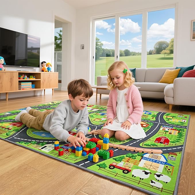 Farmyard Adventure Play Rugs, Educational and Fun Farm Car Rug Play Mat for Kids, 60"x36" Non-Slip Playmat with Barns, Animals & Crops for Imaginative Play, Nursery, Playroom and Classroom