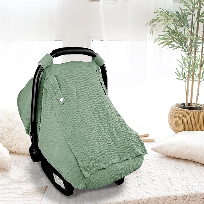 Hooyax Muslin Car Seat Covers for Babies, Summer Baby Car Seat Cover for Boys Girls with Breathable Window, Lightweight Infant Car Seat Canopy, Green