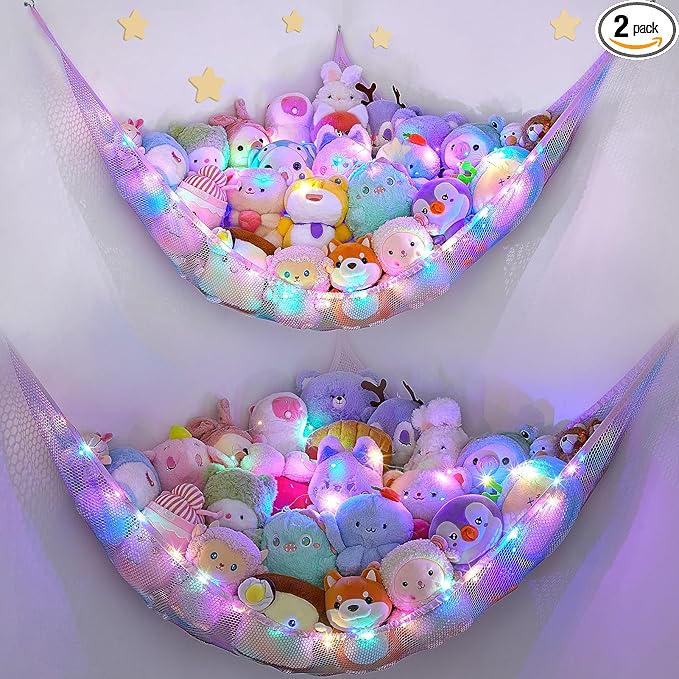 Unicorn Castle Stuffed Animals Net or Hammock Kids Toy Storage Organizer with LED Light Hanging Corner Stuffed Animals Holder Kids Girls Room Decor,Blue-Purple,Large (Pack of 2)