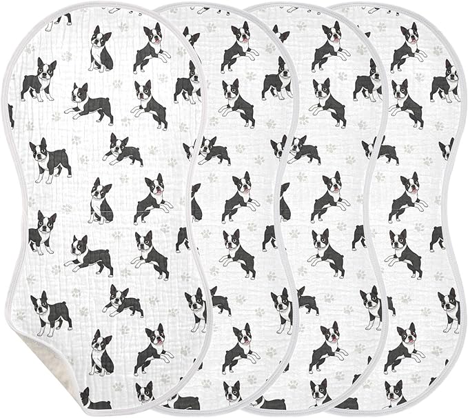 Qinllo 4 Pack Muslin Burp Cloths Boston Dogs Paw White Cotton Baby Burp Cloths Ultra Absorbent Soft Thick Burping Cloth for Newborn Babies 22x11 Inch