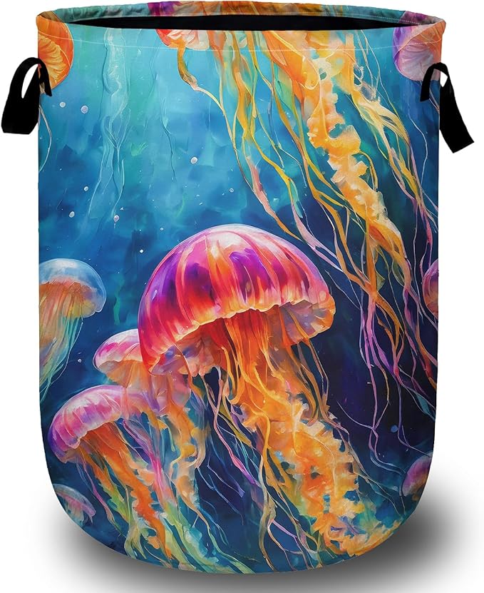 Colorful Jellyfish Ocean Laundry Basket, Laundry Hamper Collapsible Oxford Cloth with Handle Clothes Toy Storage Bin for Bathroom Laundry Room Bedroom 15.7 X 20 Inch