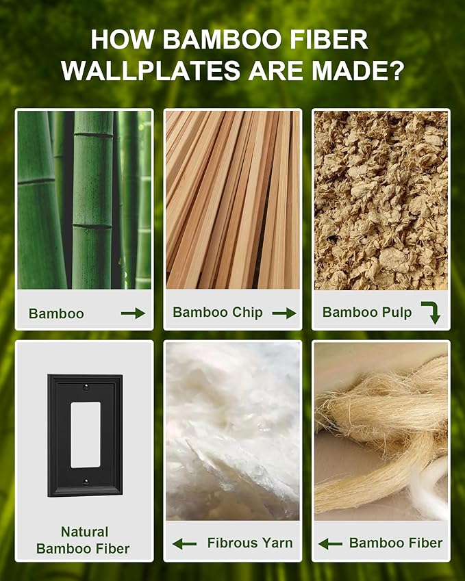 6-Pack Decorator Outlet Cover Plate, Black Decorative Switch Plates and Outlet Covers, Natural Bamboo Fiber Wall Plates for Electrical Outlets, Receptacle, GFCI Outlet, Dimmer Switch