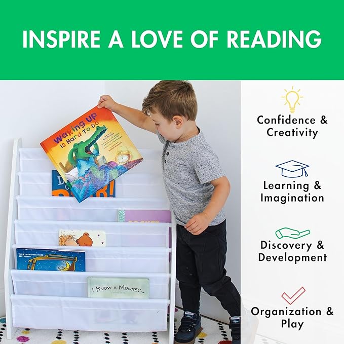 Humble Crew Kids Bookshelf 6-Tier Book Rack Organizer, Extra Large Bookcase with Fabric Storage Pockets, White/White