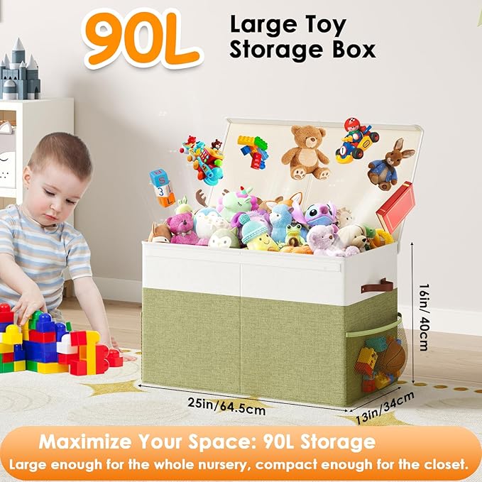 Fineonly Large Toy Storage Box with Lid Upgraded Toy Storage Chest Organizer with Divider Foldable Toy Bin for Kids Boys Girls Playroom Nursery Bedroom (25"x13"x16")