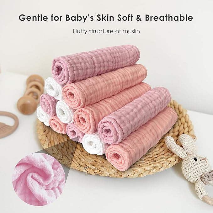 Muslin Burp Cloths for Baby 100% Cotton Burping Cloths for Unisex, Boy, Girl - Large 20'' by 10'' Newborn Essentials Ultra Soft Absorbent Milk Spit Up Rags - 12 Pack - White+Light Sakura Series