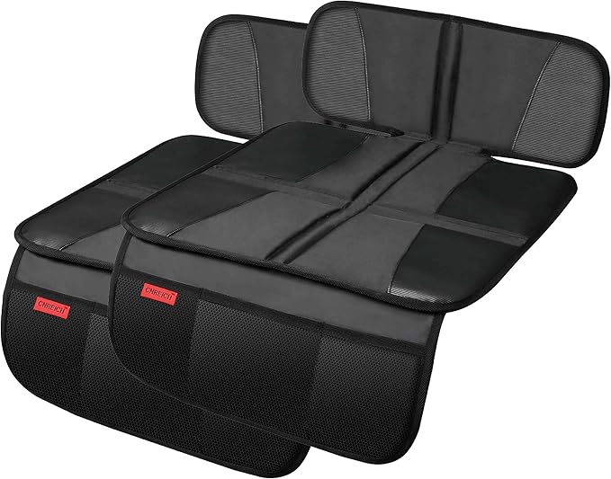 Car Seat Protector - Seat Protection Mat - Thick Padding - Durable, Waterproof Fabric, Leather Reinforced Corners & 3 Pockets for Handy Storage (2 Pack) Black