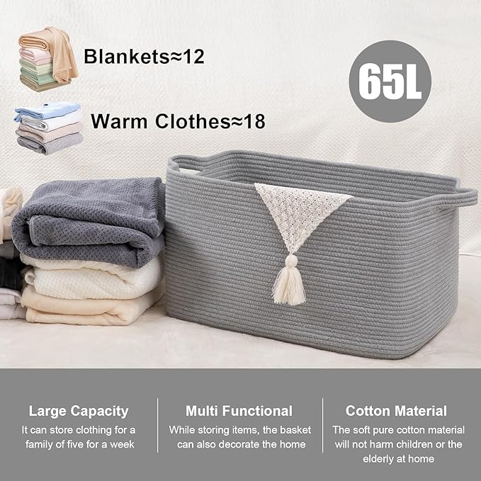 SIXDOVE 95L Large Storage Basket, Cotton Rope Woven Blanket Basket, Nursery Storage for Baby Room, Living Room, 24" x 16.9" x 14.2", Light Grey