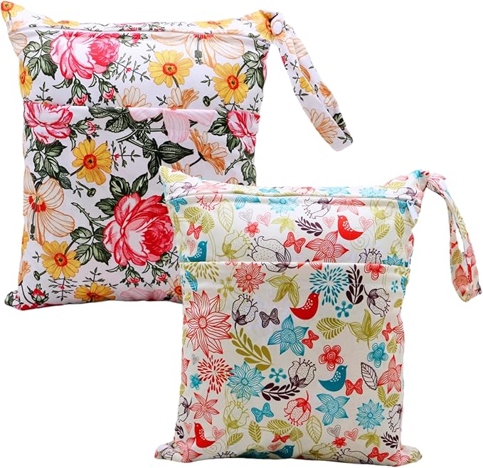 Asenappy 2pcs Cloth Diaper Wet Dry Bags Waterproof Reusable with Two Zippered Pockets Travel Beach Pool Daycare Soiled Baby Items Yoga Gym Bag for Swimsuits or Wet Clothes (3036-2-butterflyflower)