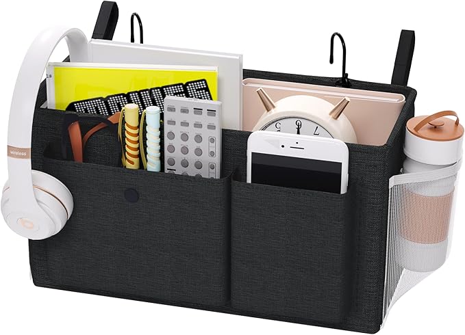 Edudif Bedside Caddy Bedside Organizer with Fixed Straps & Water Bottle Holder, Bunk Bed Caddy ideal for Home, Dorm, Hospital, Crib, Versatile Bedside Storage Solution (Black)