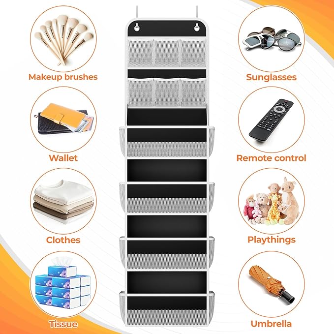 6-Tier Over the Door Organizer with Mesh Pockets, Baby Nursery Storage for Closet, Bathroom and Bedroom, Adjustable Hanging Closet Organizer for Cosmetics, Books and Essentials（Black）