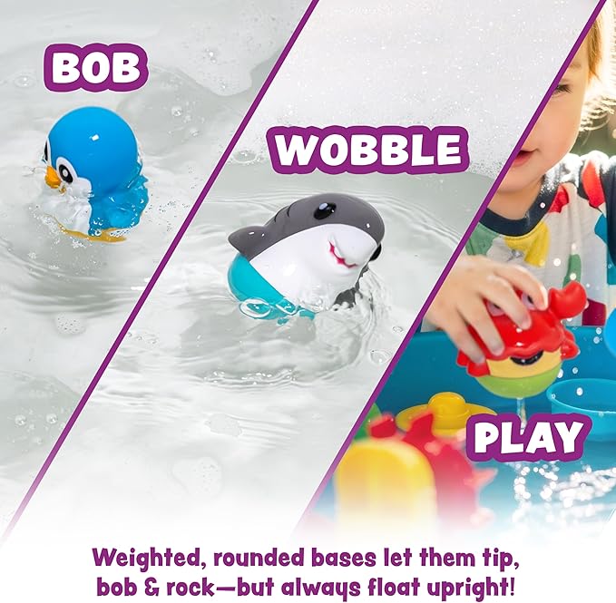 Tub Works® Tub Bobbers™ Bob, Wobble & Float Upright Toddler Bath Toys, 6 Pack | Unique Wobbling Action | Sealed, No Hole Baby Bath Toys | Engaging Bathtub Toys for Kids | Water Table & Baby Pool Play