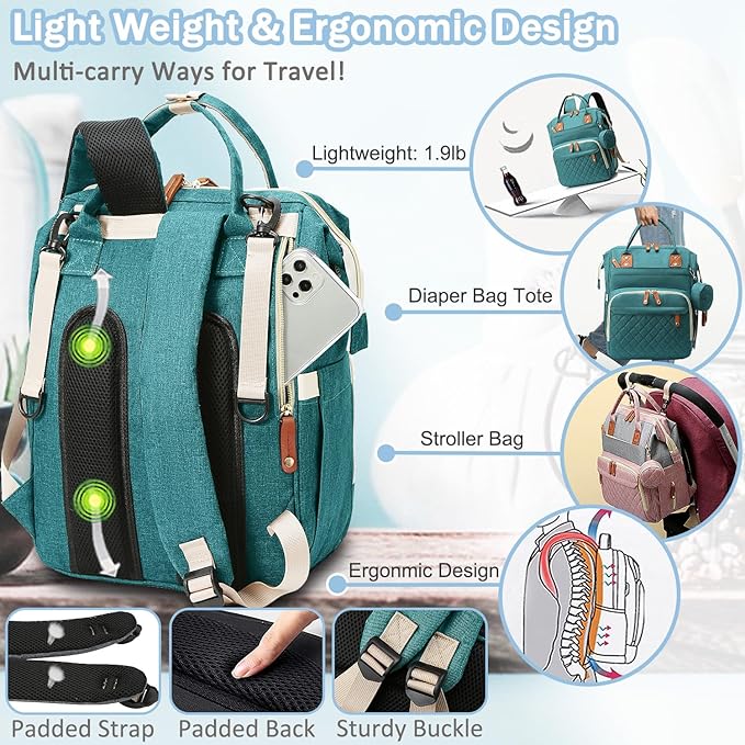 SHITIESHOU Diaper Bag Backpack Baby Bag, Baby Girl Boy Diaper Bag for Dad Mom with Pad, 16 Pockets, Pacifier Case, Large Diaper Bags Unisex for Travel (Green)