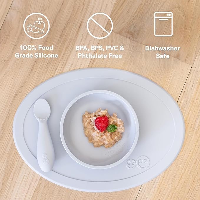 ezpz Tiny Bowl (Blue) - 6 Months+ - 100% Silicone Suction Placemat + Bowl for Infants - Fits All Highchair Trays - Baby-Led Weaning Supplies