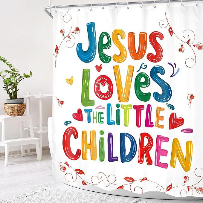 Kids 60Wx72H Shower Curtain Colorful Funny Inspirational Quotes Teens Jesus Loves Children Graffiti Motivational Words Simple Bathroom Curtain Set Modern Bath Bathroom Accessories Decor