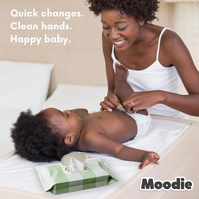 NEW 3 PACK Baby Wipes Holder | Refillable Wipes Container w/DOUBLE-LOCK SEAL |Travel Wipe Case | Portable Wipe Dispenser for Diaper Bag w Silicone Strap | Reusable Wipes Pouch (SAGE GREEN) by Moodie