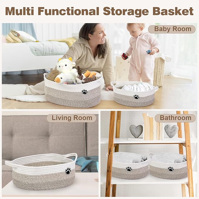 Dog Toy Basket, Toy Box and Bin for Dog Cat Storage, 13.5" X 11" X 5" Small Woven Rope Basket for Baby Storage, Closet, Living Room, White & Brown